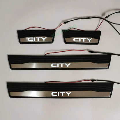 Car Door Sill Scuff Plate Protectors  Ss Type W/Led Oem Fitting Honda City 2018 City Logo  White Led   04 Pcs/Set Black/Ss Colour (China)