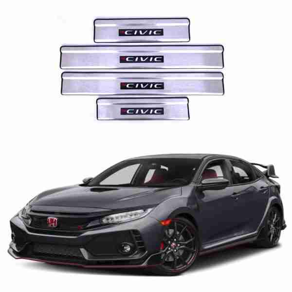 Car Door Sill Scuff Plate Protectors Ss Type W/Led Oem Fitting Honda Civic 2016-2021 Civic Logo White Led 04 Pcs/Set Ss Colour (China)