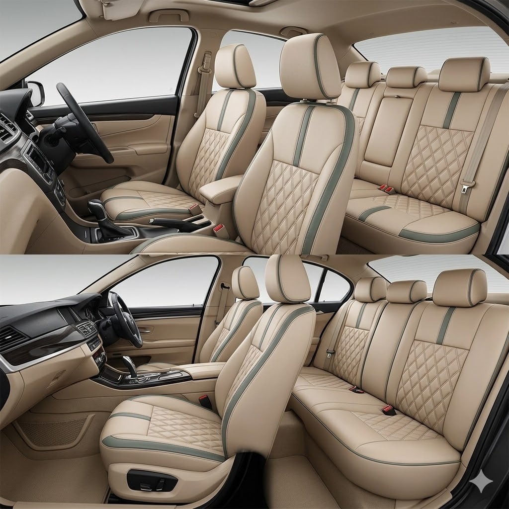 Auto Leather Type Seat Cover M/B Custom Design Custom Fitting Honda Civic 2022 Beige/Black Colour Beige Stitch 12 Pcs/Set