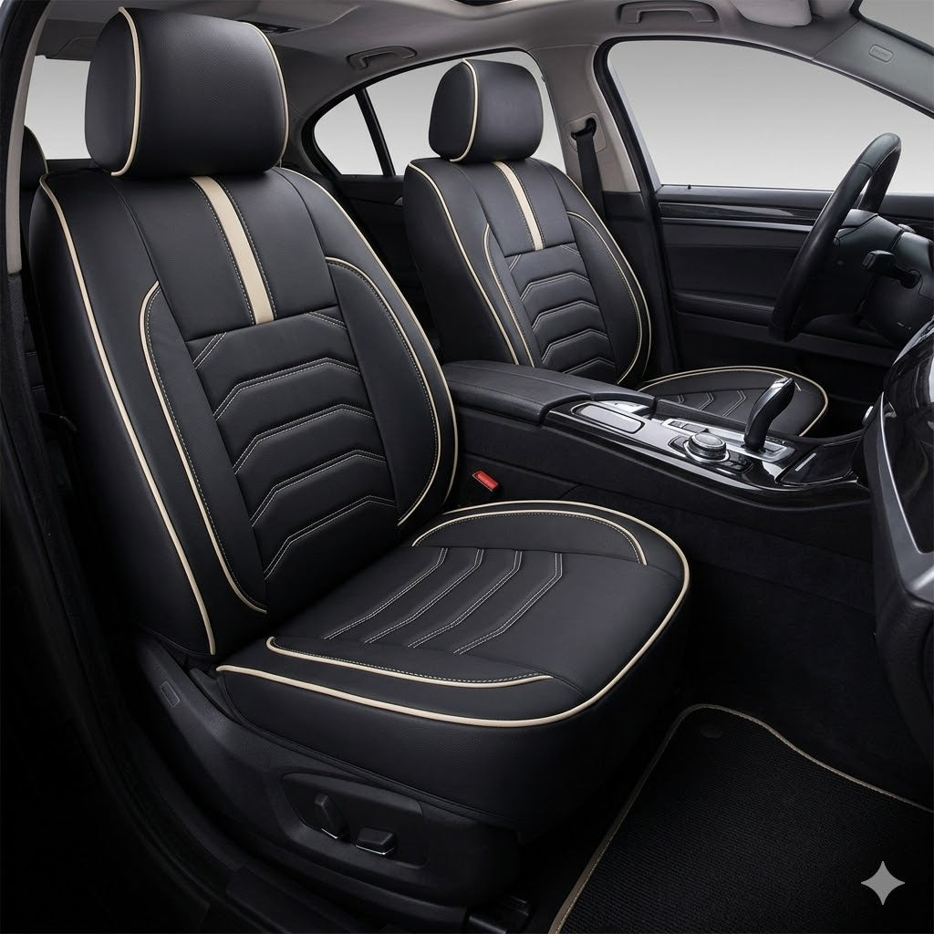 Auto Leather Type Seat Cover M/C Type-R Design Custom Fitting Toyota Corolla 2018 Black Colour Beige Stitch Beige Border 12 Pcs / Set