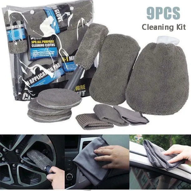 Car Cleaning / Washing / Polishing Kit Microfiber Type Grey 09 Pcs/Pack Pvc Bag Pack