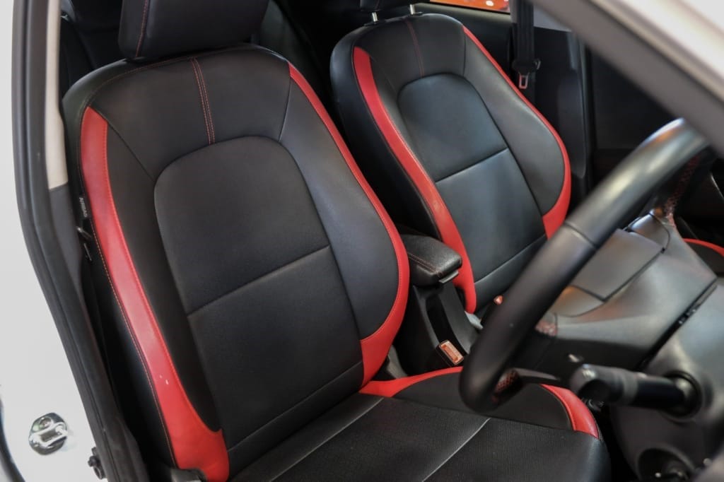 Auto Leather Type Seat Cover M/B Diamond Design Custom Fitting Kia Picanto 2020 Black Colour Red Stitch 11 Pcs/Set Premium Quality