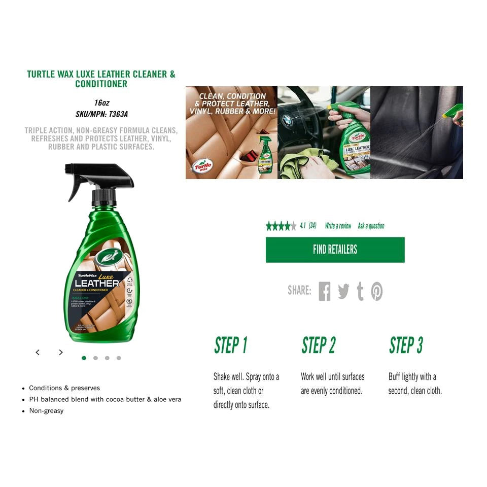 Leather Polish Turtle Wax Plastic Can Pack 473Ml Luxe Leather Cleaner&Conditioner T-363A (Usa)