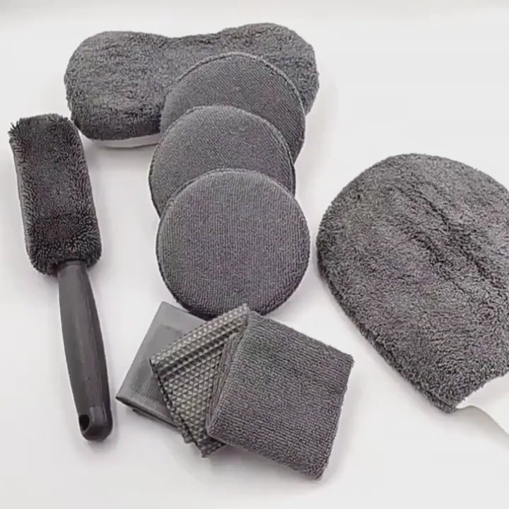 Car Cleaning / Washing / Polishing Kit Microfiber Type Grey 09 Pcs/Pack Pvc Bag Pack