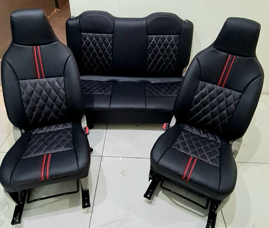 Auto Leather Type Seat Cover M/B Custom Design Custom Fitting Suzuki Wagon-R 2018 Black Colour Red Stitch 06 Pcs/Set