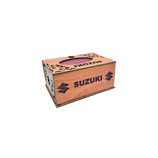 Car Luxury Tissue Box Holder Small Box Shape Portable Wood Material Wood Colour Suzuki Logo Small Size (Pakistan)