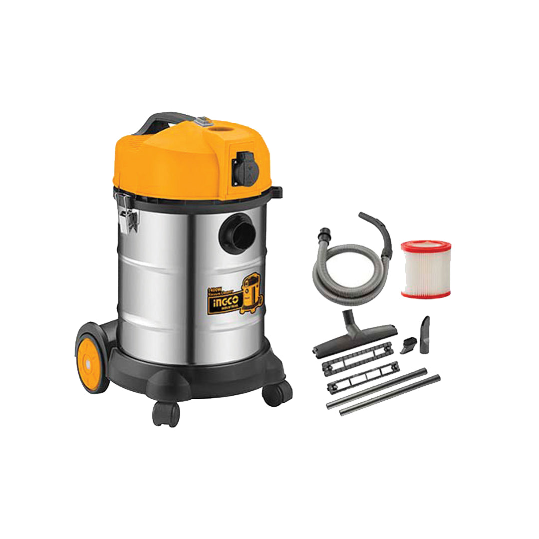 Electric Vacuum Cleaner  Ingco Bucket Type Steel/Plastic Housing 1300W 30L Vacuum/Wet/Dry Premium Quality Colour Box Pack Black Housing Vc13301 (China)