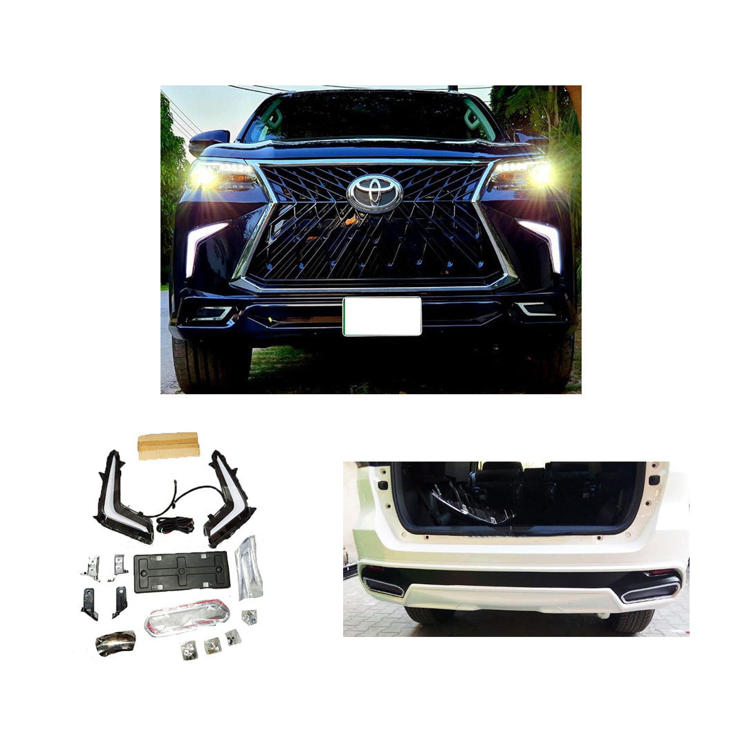 Face Up Lift Lexus Design V3  Toyota Fortuner 2021 Plastic Material Front + Side + Back Sides  With Drl Covers Not Painted 06 Pcs/Set Back Bumper Lip (China)