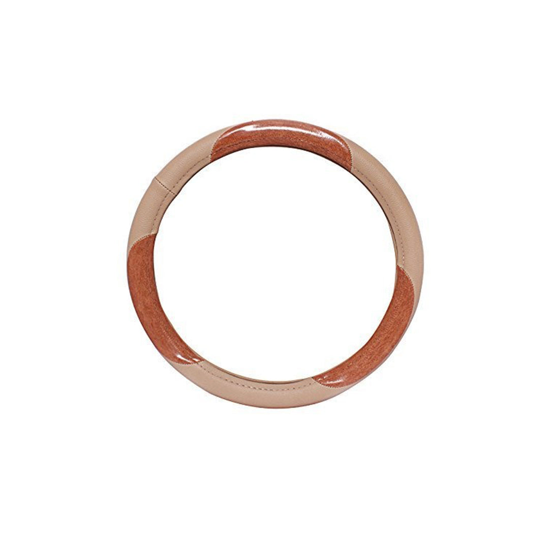 Car Steering Wheel Cover Round Type Pvc/Leather Material Leather Design Beige/Wood Universal Fitting Poly Bag Pack