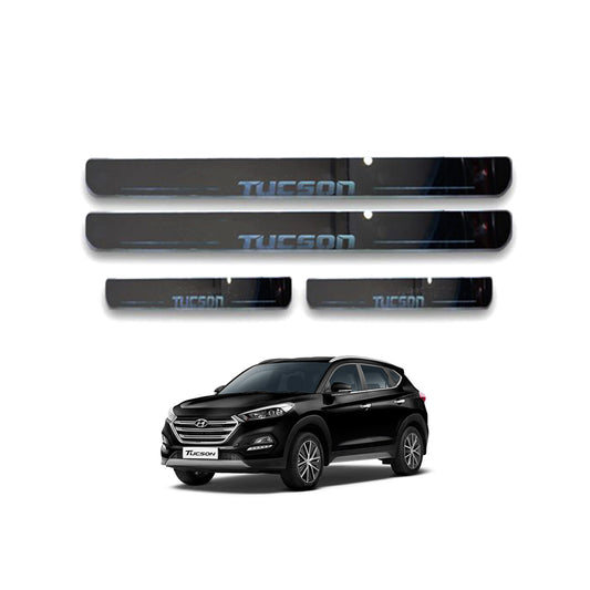 Car Door Sill Scuff Plate Protectors  3D Glass W/Led  Oem Fitting Hyundai Tucson 2021 Tucson Logo  White Led   04 Pcs/Set Grey (China)