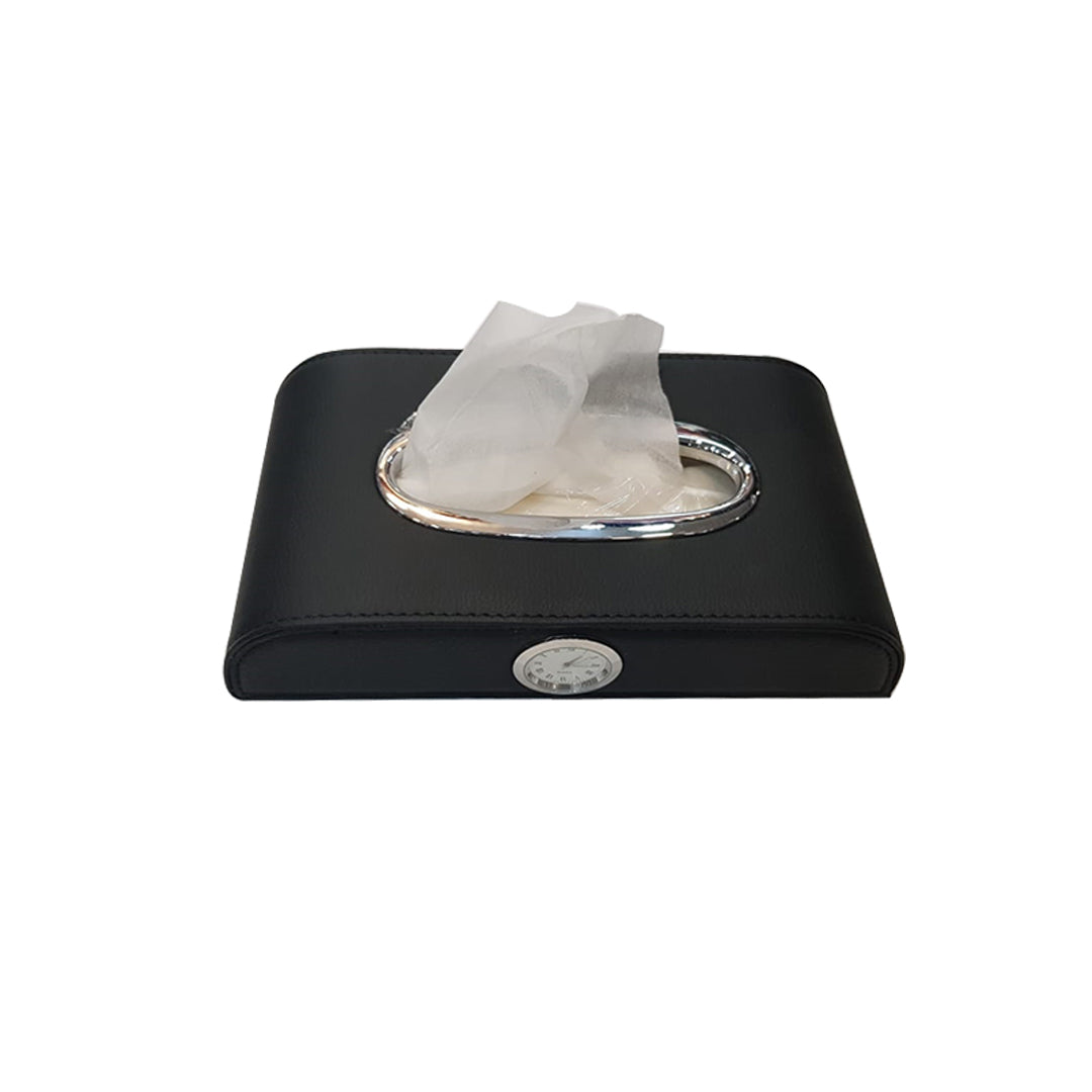 Car Luxury Tissue Box Holder Round Corner Shape Portable Pvc Leather Material Black Pvc Without Logo Medium Size With Clock (China)