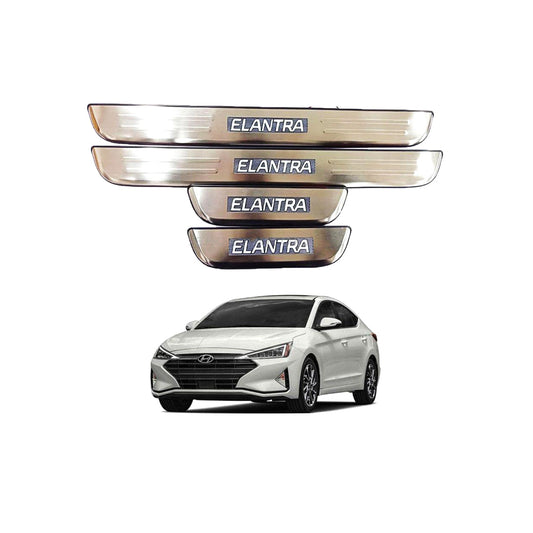 Car Door Sill Scuff Plate Protectors  Ss Type W/Led Oem Fitting Hyundai Elantra 2021 Elantra Logo White Led   04 Pcs/Set Black/Ss Colour (China)