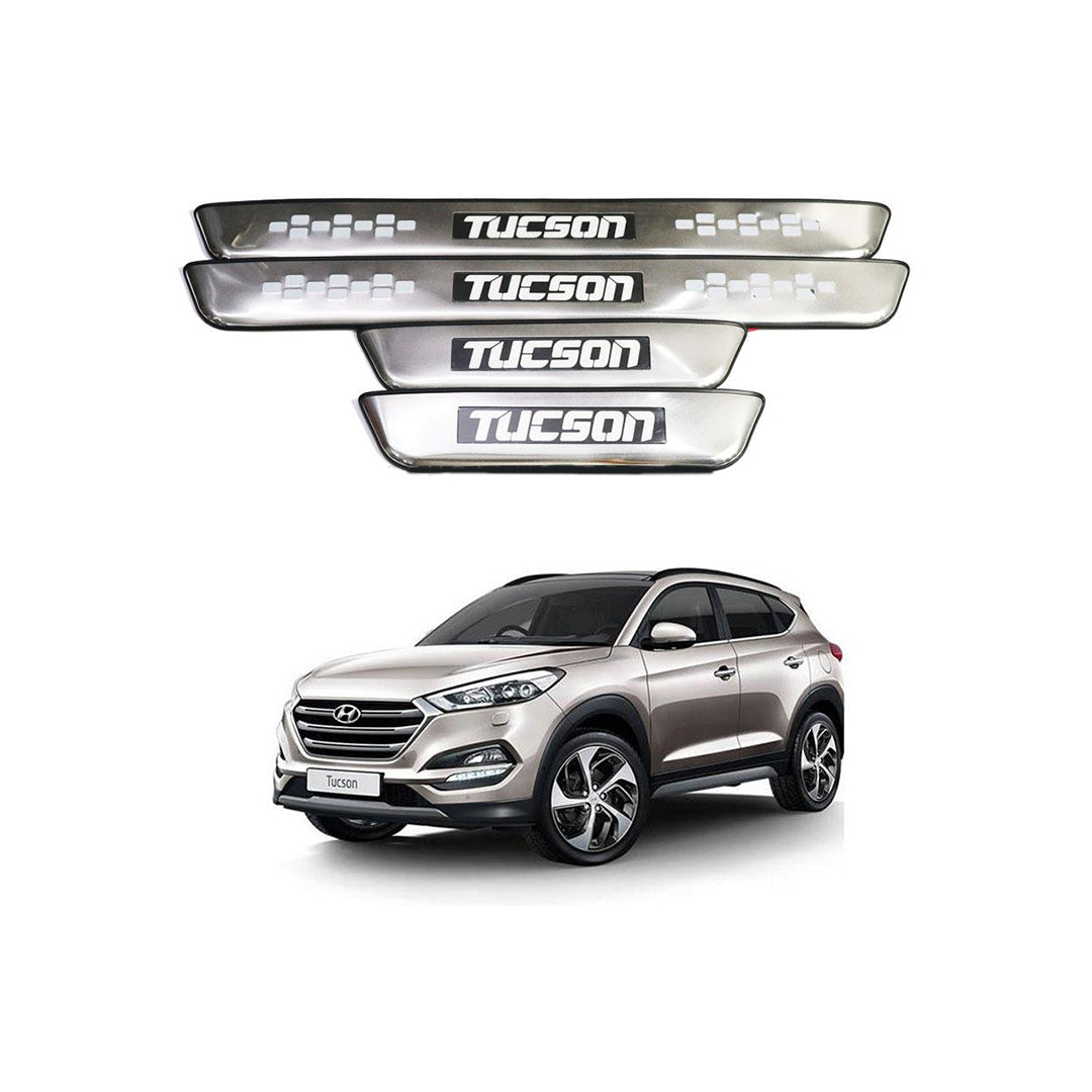 Car Door Sill Scuff Plate Protectors  Ss Type W/Led Oem Fitting Hyundai Tucson 2021 Tucson Logo  White Led   04 Pcs/Set Black/Ss Colour (China)