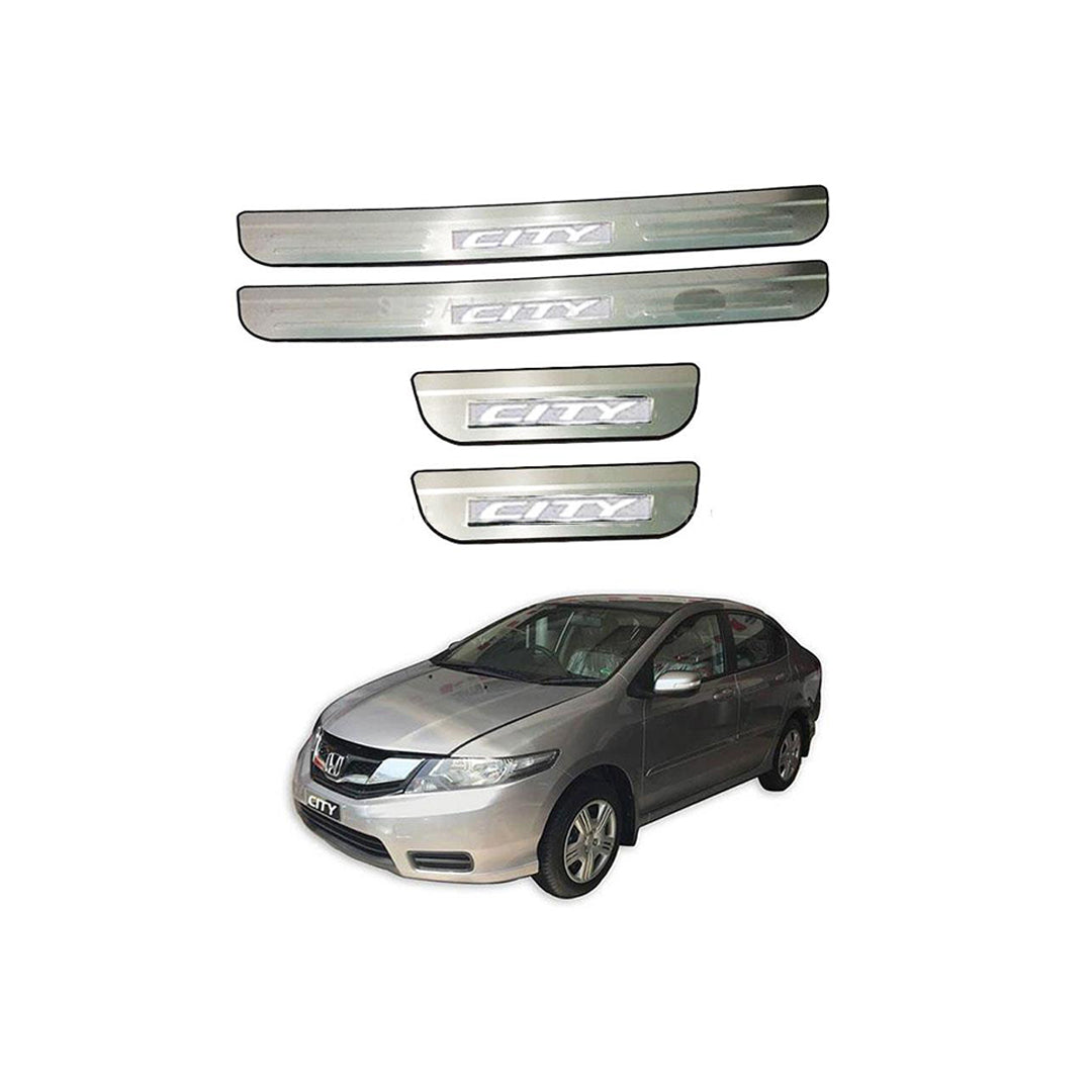 Car Door Sill Scuff Plate Protectors Ss Type W/Led Oem Fitting Honda City 2021 City Logo White Led 04 Pcs/Set Black/Ss Colour (China)