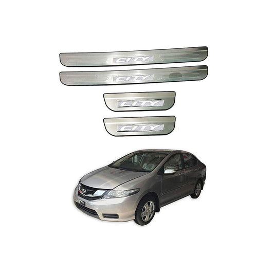 Car Door Sill Scuff Plate Protectors  Ss Type W/Led Oem Fitting Honda City 2021 City Logo  White Led   04 Pcs/Set Black/Ss Colour (China)