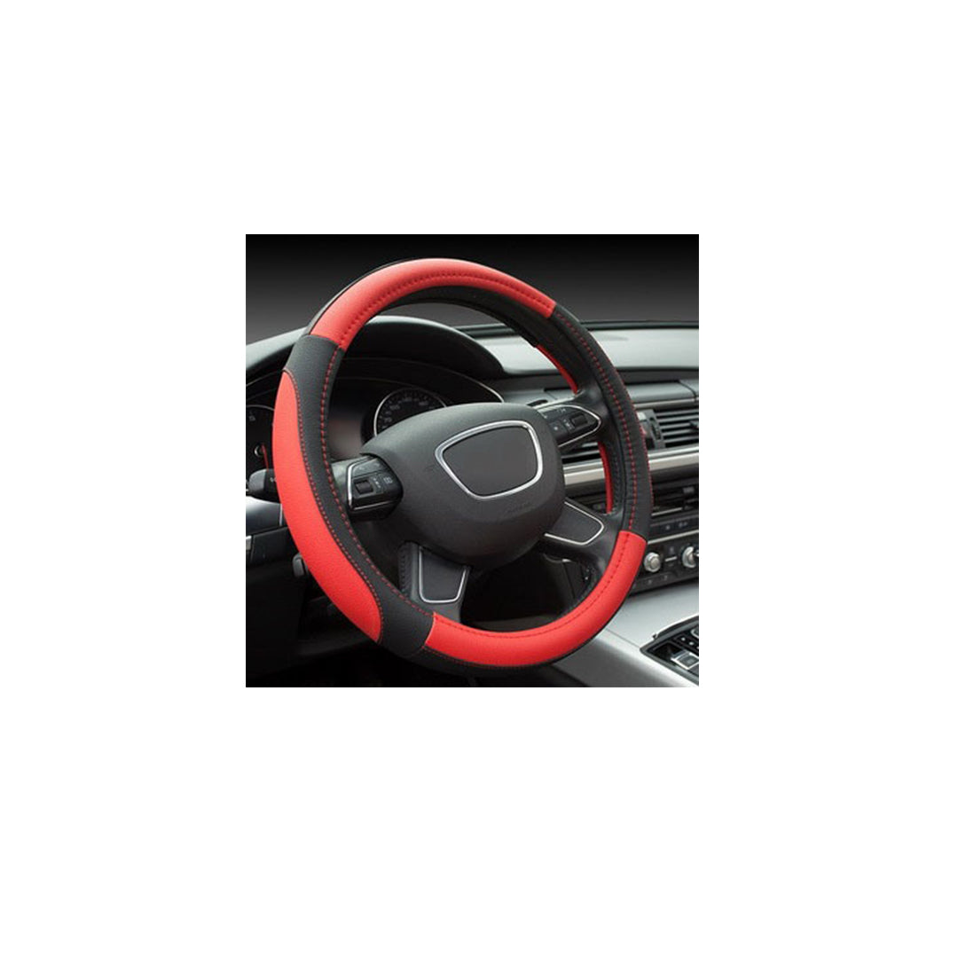 Car Steering Wheel Cover Stitch Type Pvc/Leather Material  Leather Design Black/Red Universal Fitting Poly Bag Pack  (China)